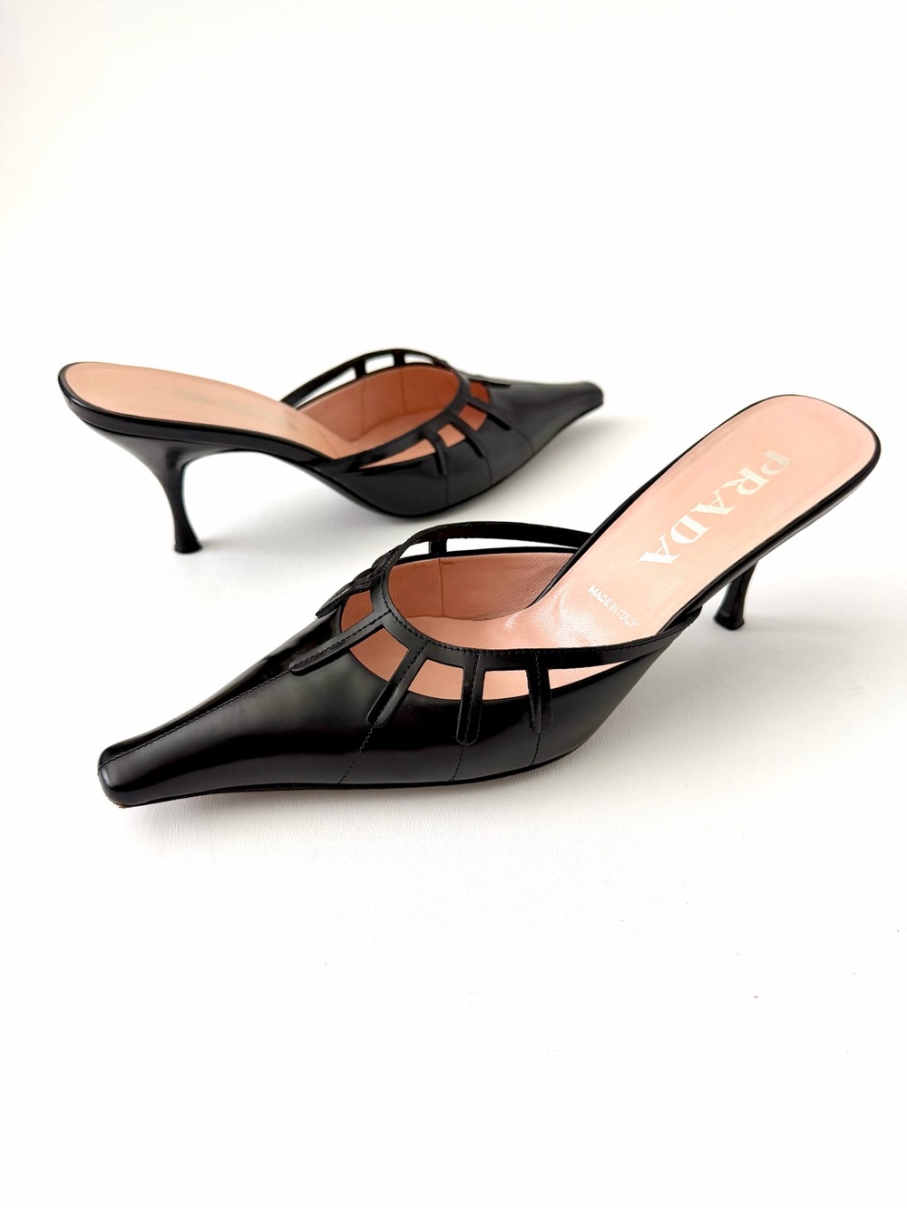 PRADA | Vintage Black Leather Pointed Square Toe Cutout‎ Kitten Heel Mules 37.5